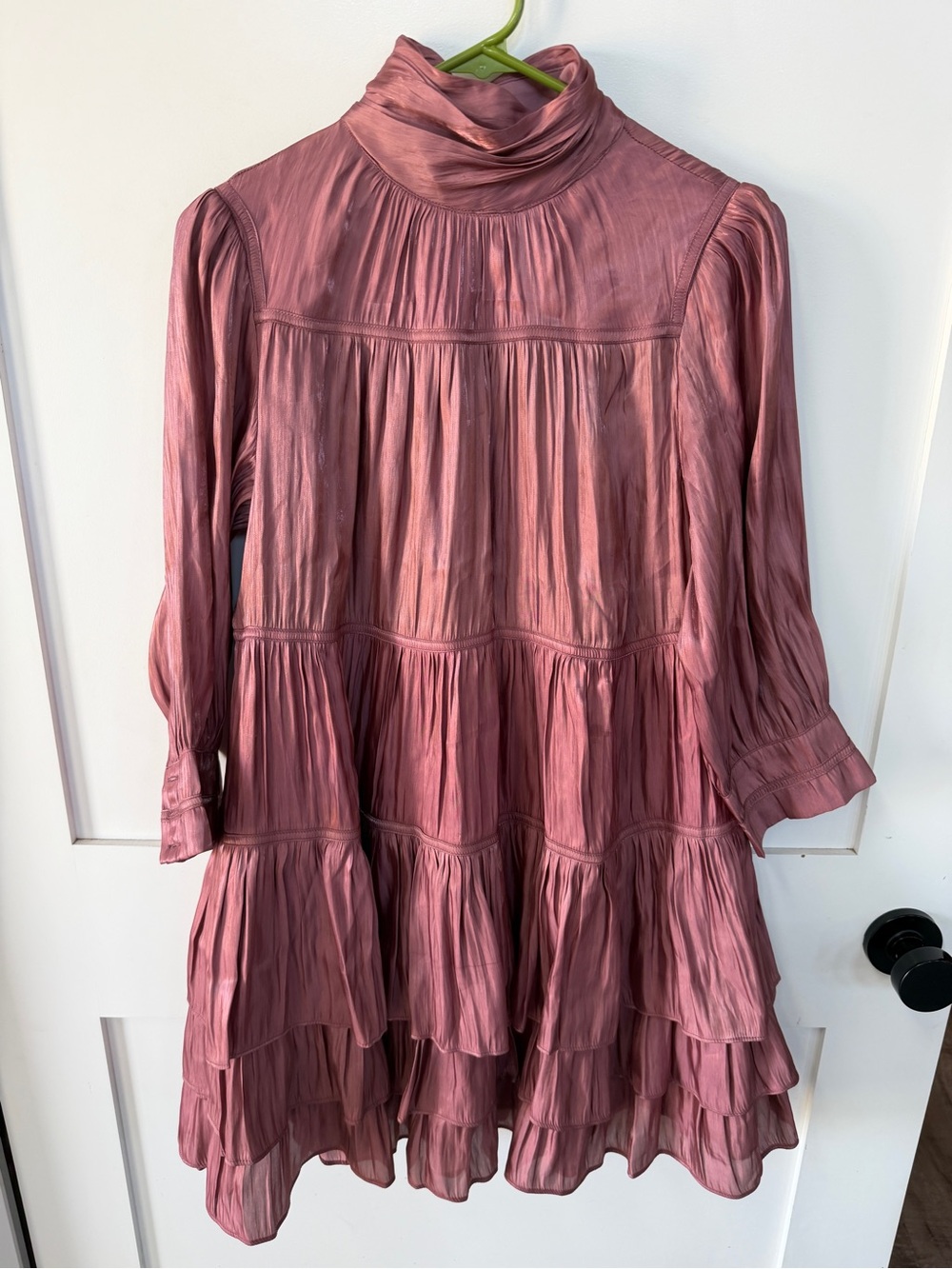 Tiered Long-Sleeve mini Dress with High Neck Pink Mauve small